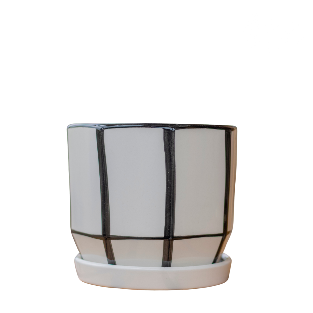 Modern Cylinder Ceramic Pot with white and black stripes