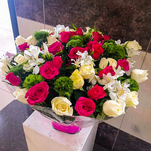 Hot Pink White Roses, Astromeria and Green Ticks